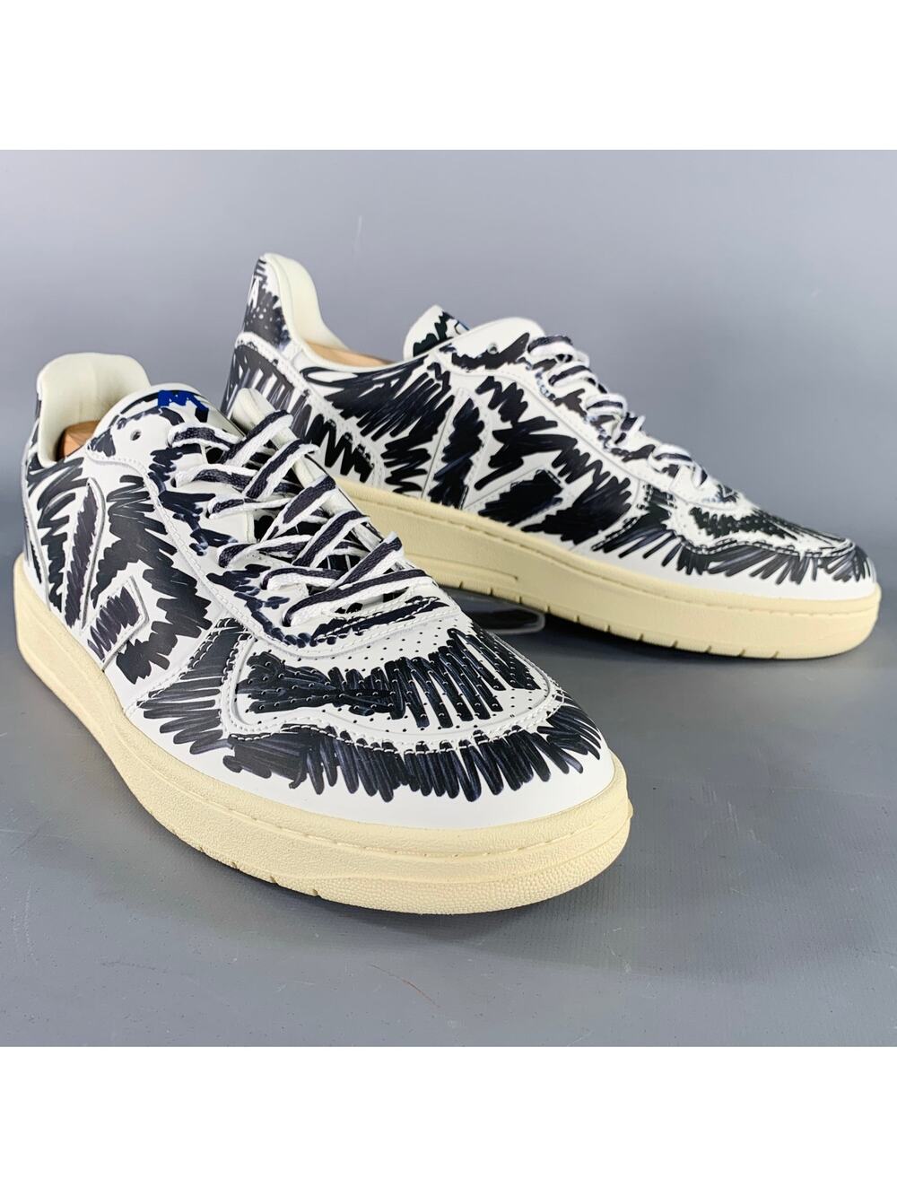 MARNI Size 10.5 White Black Scribble Leather Low Top Sneakers